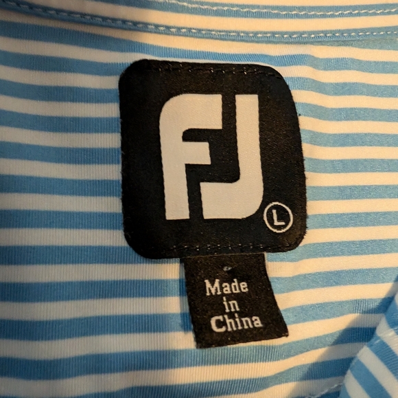 FootJoy Mens L Polo, Lt Blue/White Stripe with "Eaton Vance" Sleeve Embroidery - Picture 2 of 5